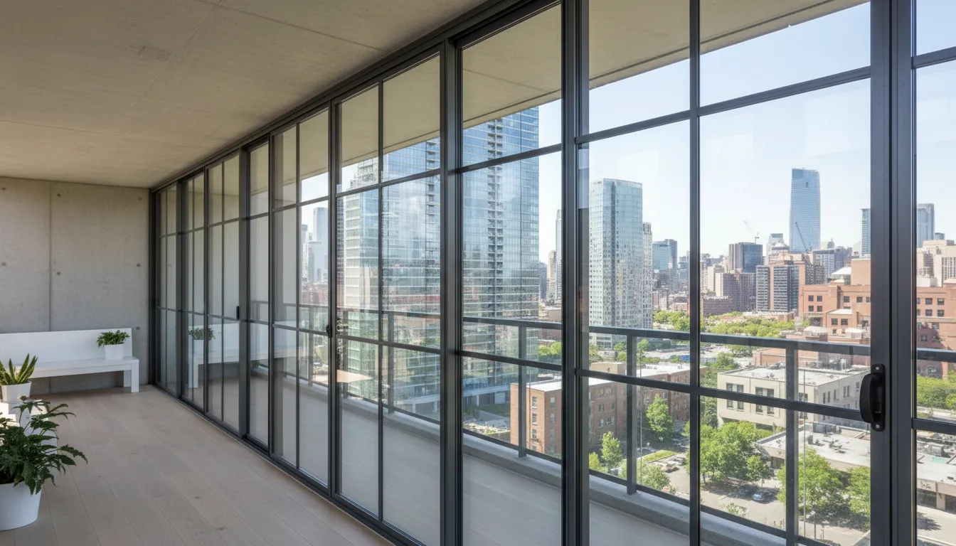 Balcon închis cu geam glisant termoizolant, vedere către oraș