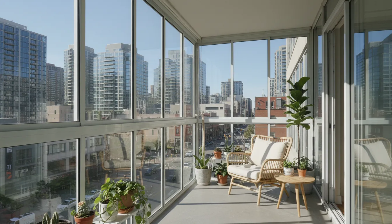 Balcon de apartament mărit luminos datorită sistemului glisant de sticlă