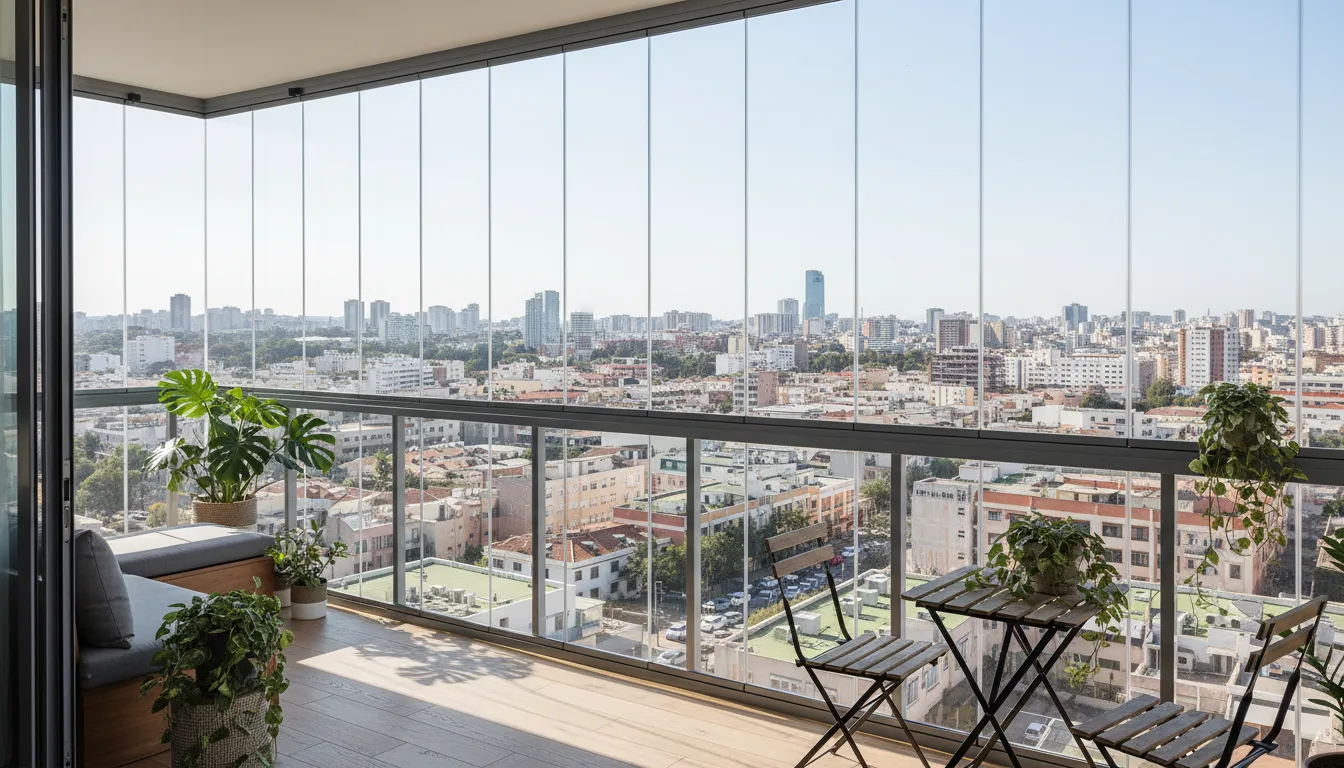 Interior de balcon apartament urban, cu geamuri glisante complet închise