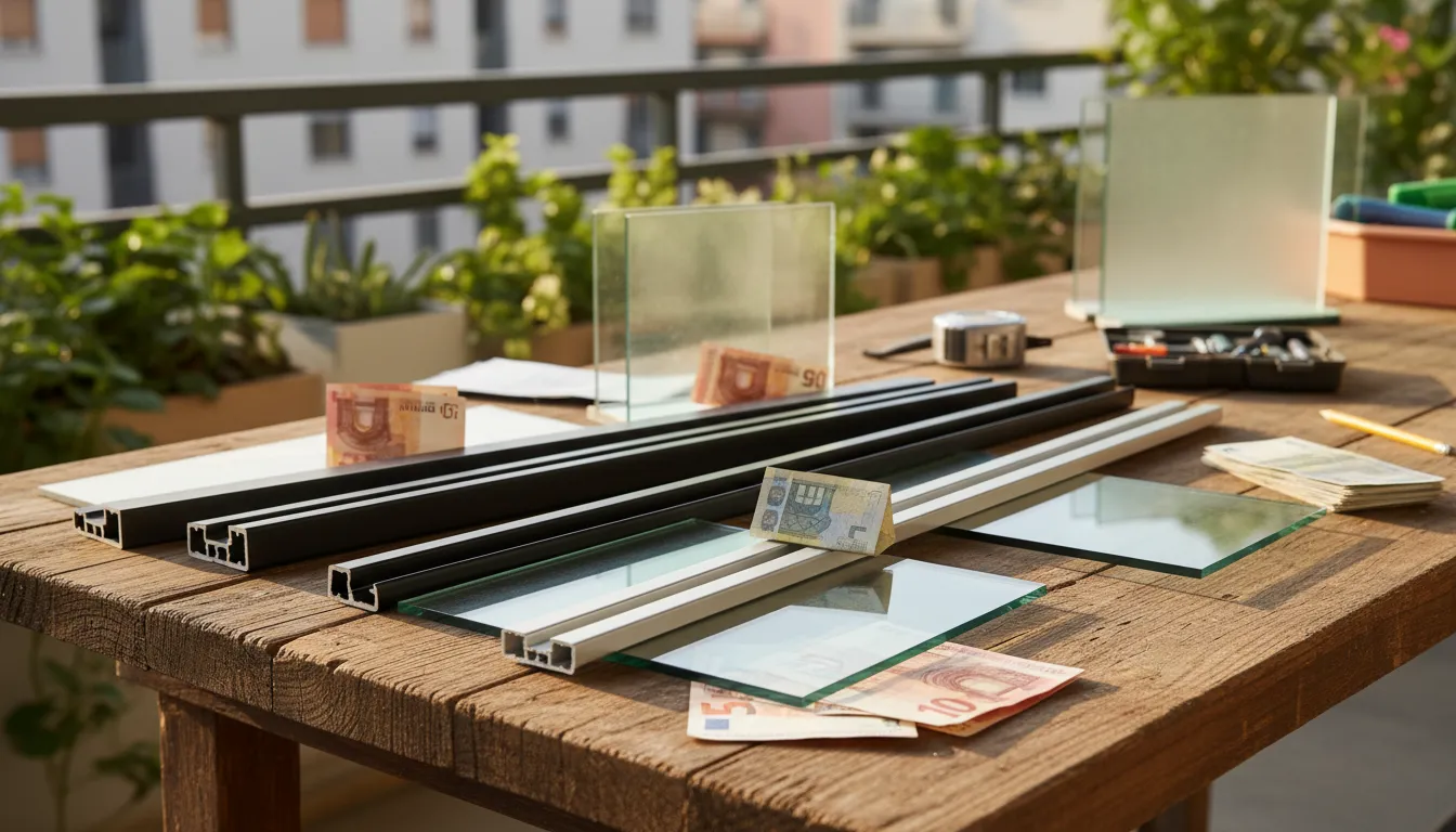 Elemente vizuale asociate geamurilor glisante, accesorii de montaj și bancnote pe fundal de balcon