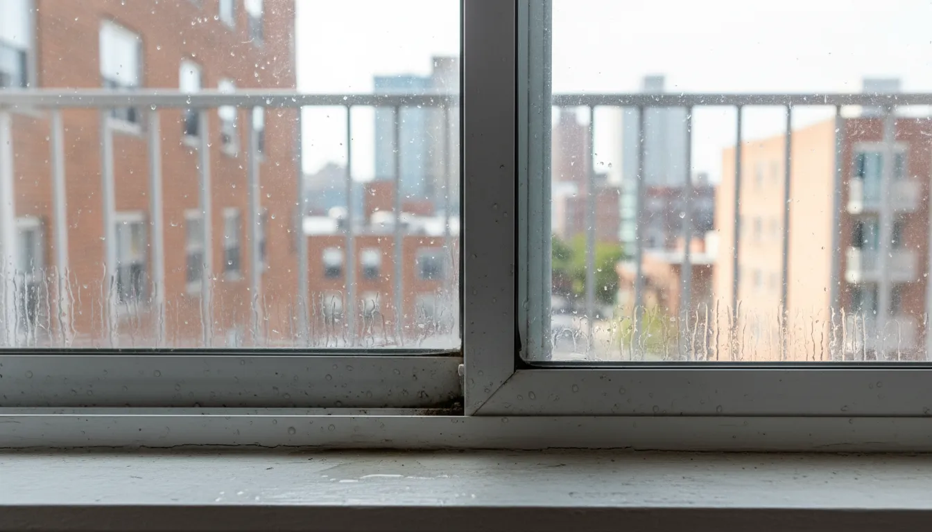 Îmbinare între geam glisant de balcon și structură, vizibil semne de condens