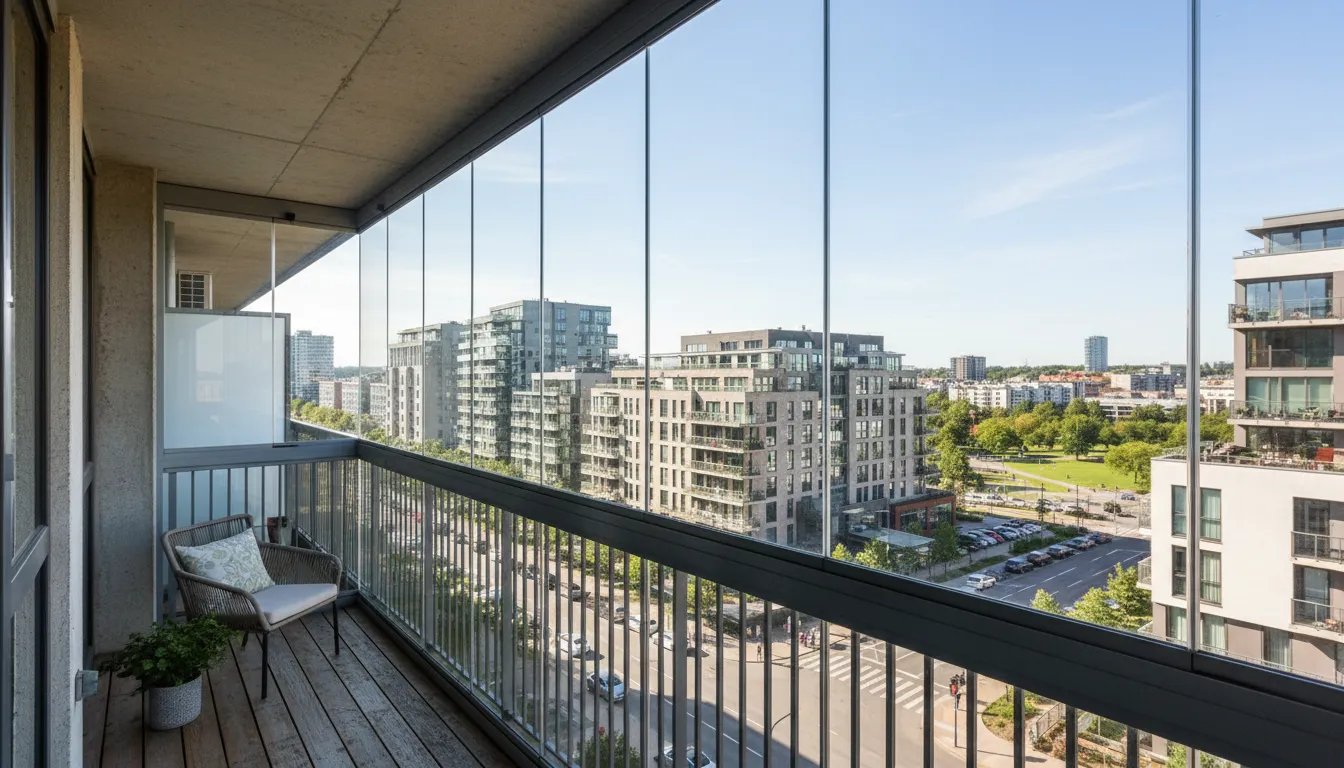 Sistem de geamuri glisante transparente instalate pe balconul unui apartament