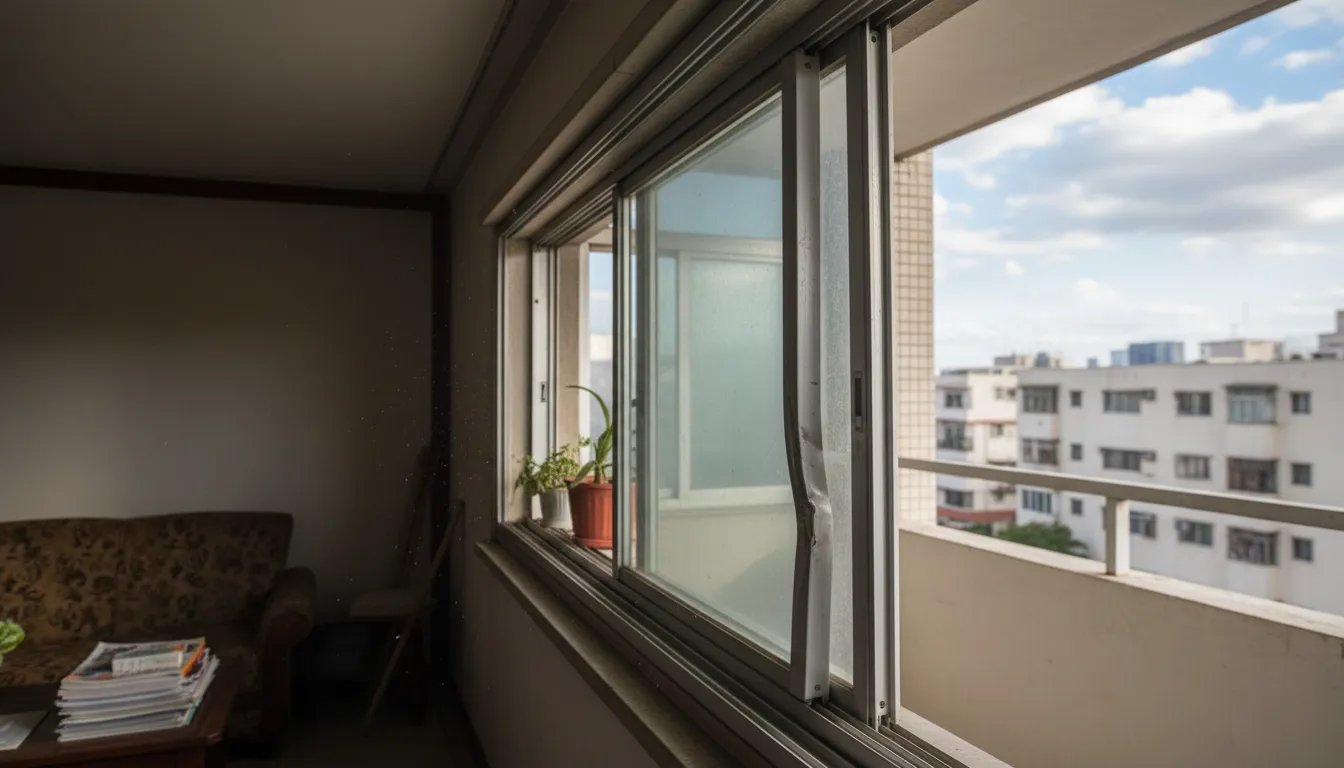 Geam glisant de balcon montat greșit, profil deformat și aliniere strâmbă