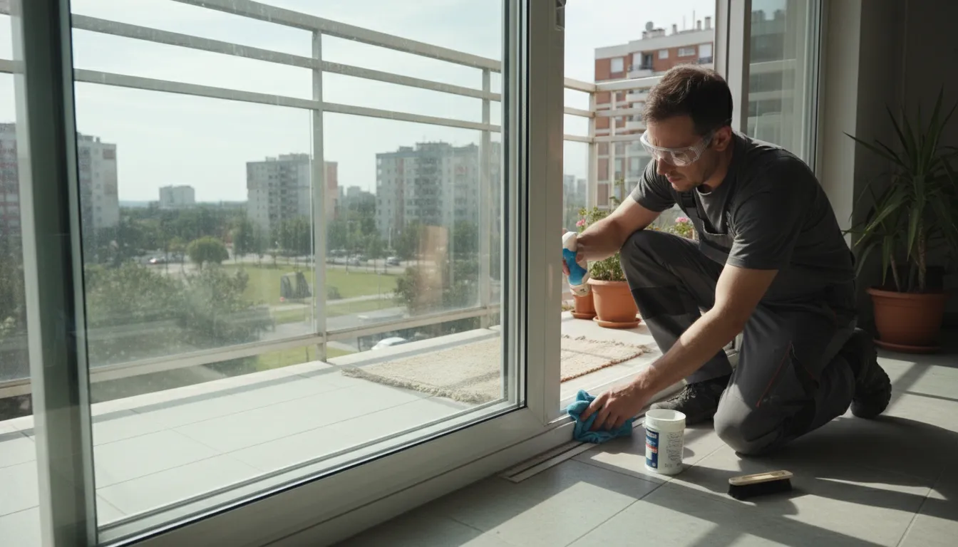 Persoană întreținând un sistem de geam glisant pe balcon, ștergând șina și panoul de sticlă