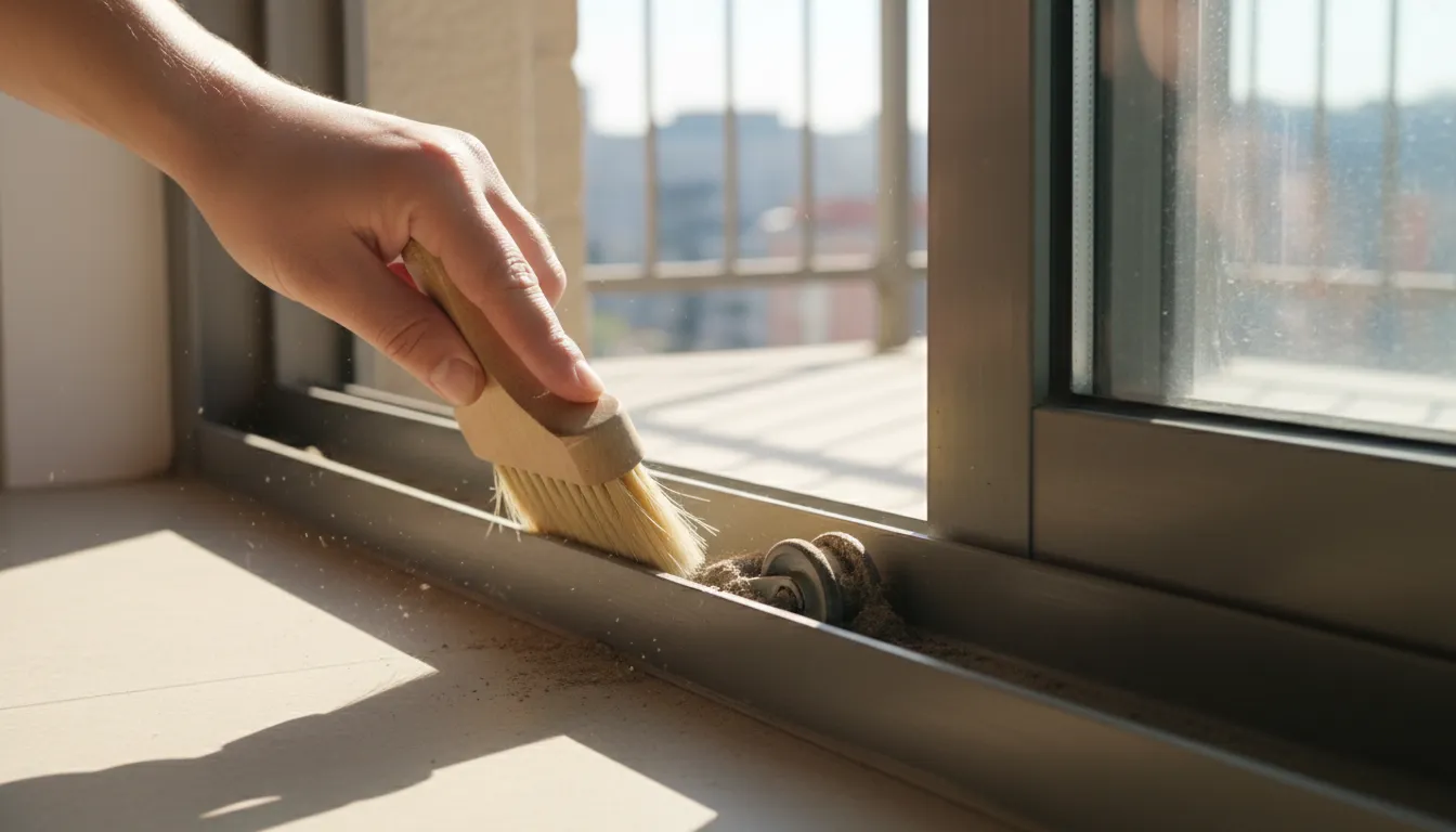 Persoană curăță șina inferioară a unui geam glisant de balcon