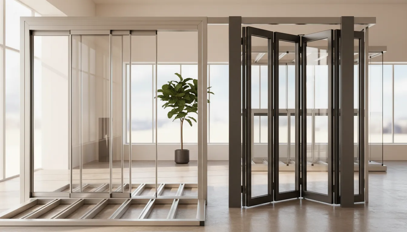 Diferite modele de geamuri glisante pentru balcon, expuse pe un panou în showroom