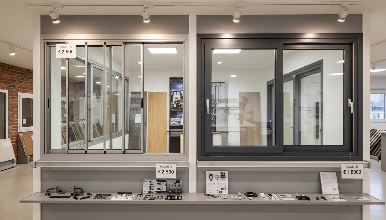 Etichetă de preț lângă sistem glisant pentru balcon într-un showroom real