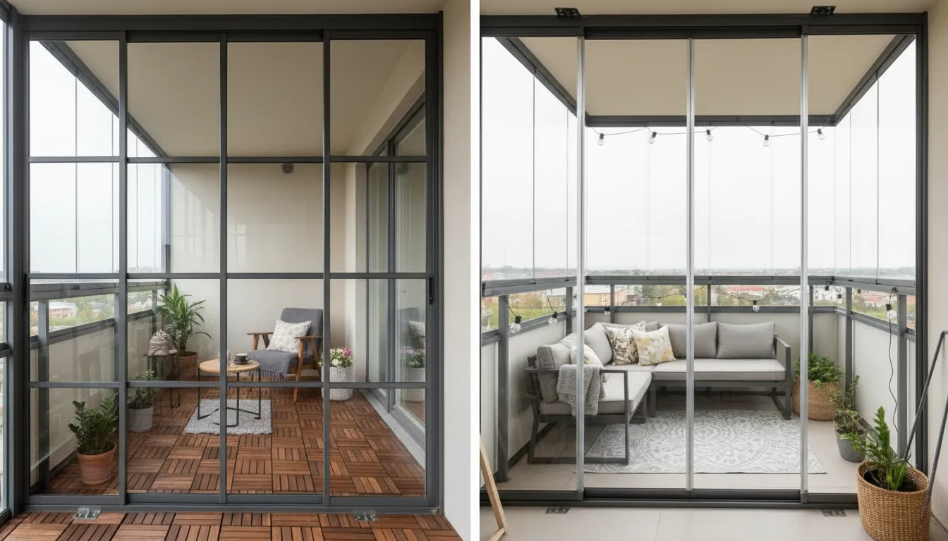 Două modele contrastante de geamuri glisante: unul cu ramă metalică, altul frameless, în balcoane diferite